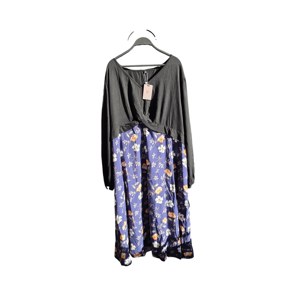 Yesfashion Women Plus 4XL Floral Twist Front Long Sleeve Midi Dress Grey Purple